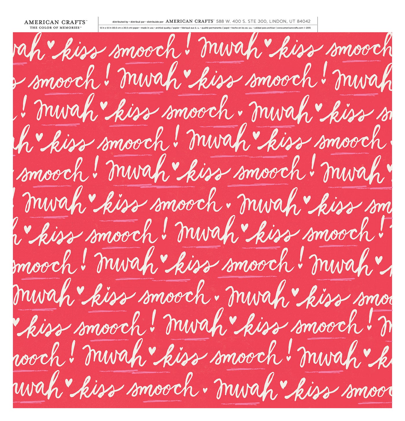 Multi-Colored (rows of Valentine words with hearts, on red background) Single-sided sheet. Smooth surface. White reverse. Acid & lignin free. From Crate Paper - Main Squeeze