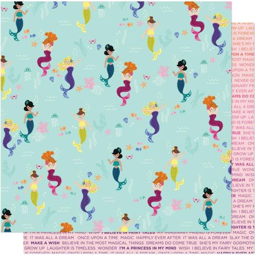 12x12 American Crafts double sided patterned heavyweight cardstock featuring colorful underwater mermaids and purple magic text on a pink background. Acid free.