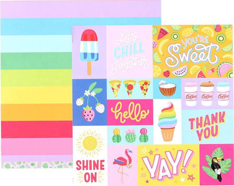 12x12 double-sided, patterned cardstock with fun cards on one side and broad rainbow stripes on reverse - American Crafts