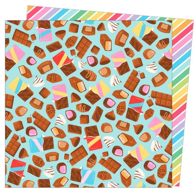 Calories Don't Count - 12x12 double-sided paper with a bunch of chocolate bars on one side and rainbow stripe reverse/