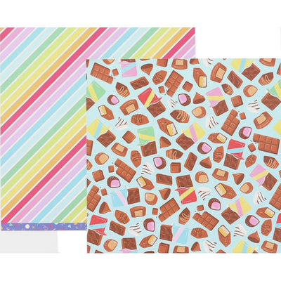 12x12 double-sided patterned paper with tempting chocolates on one side and diagonal rainbow stripes on reverse - American Crafts