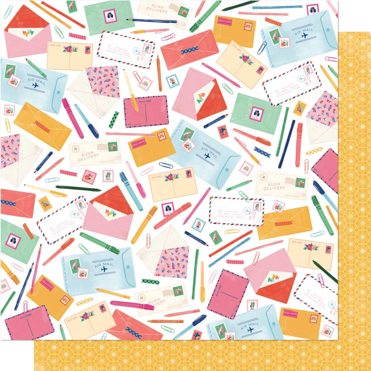 12X12 double-sided patterned paper with lots of letters and envelopes on one side and yellow honeycomb pattern on reverse - Dear Lizzy