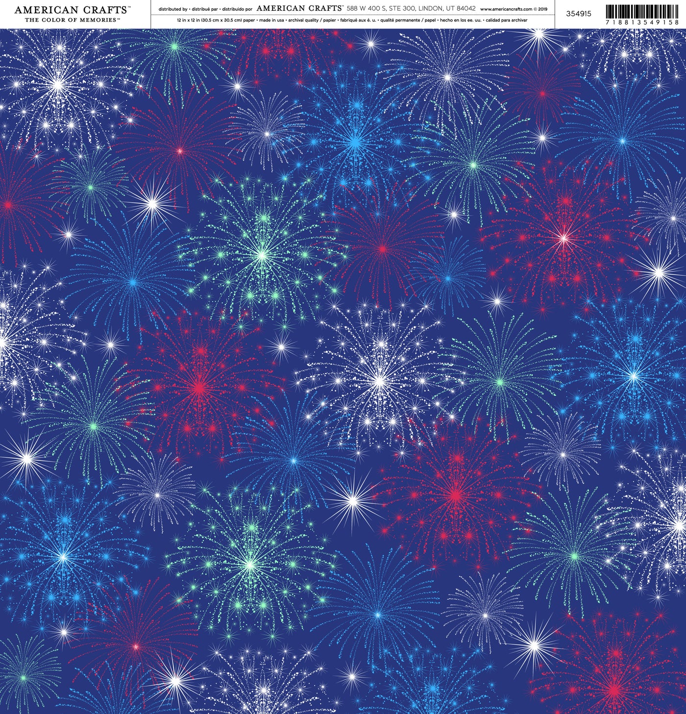 Multi-Colored (red, white, and blue fireworks on a navy blue background)