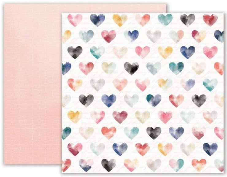 12x12 patterned cardstock with multi-colored, watercolor hearts on white background - American Crafts