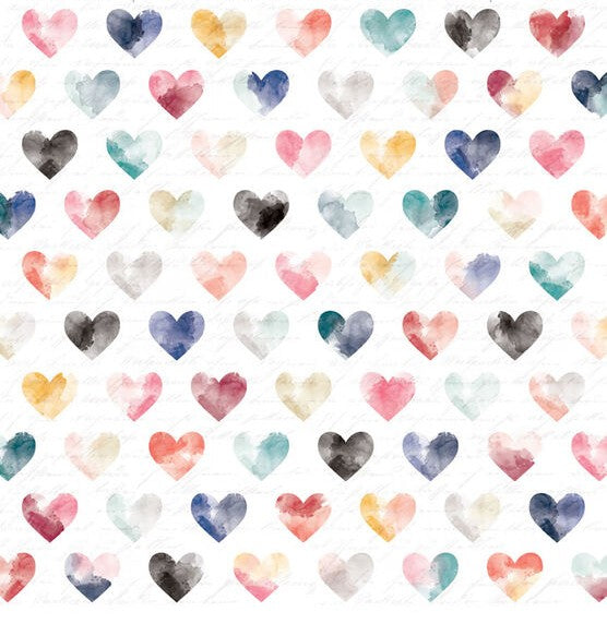 12x12 patterned cardstock with multi-colored, watercolor hearts on white background - American Crafts