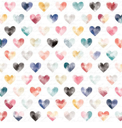 12x12 patterned cardstock with multi-colored, watercolor hearts on white background - American Crafts