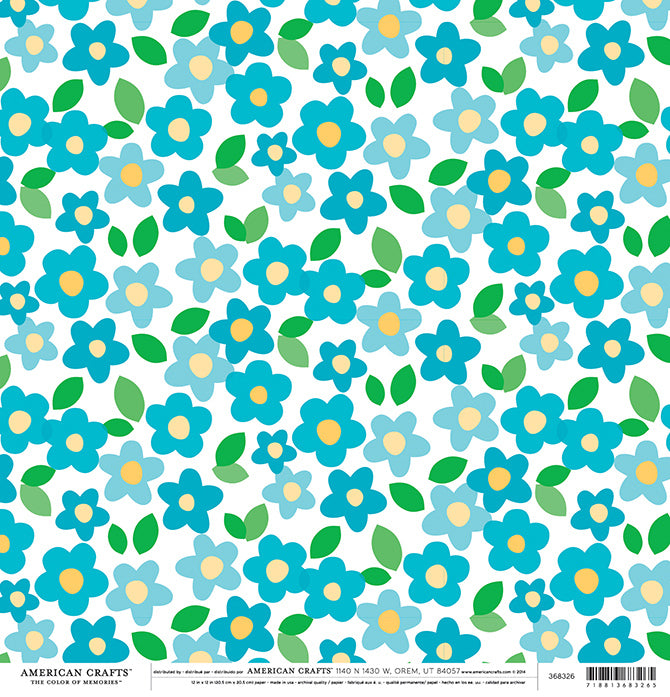 Multi-Colored (Side A - daisy pattern in aqua blues with green leaves on white background, Side B - white and aqua blue houndstooth) Double-sided sheet. Smooth surface. Printed on two sides. Acid & lignin free