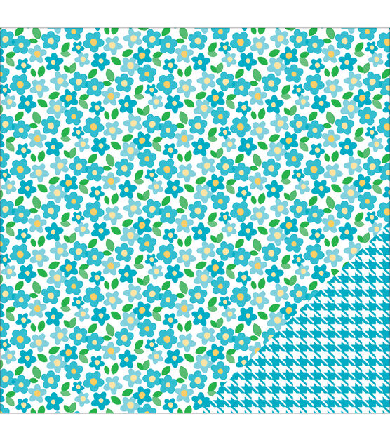 Multi-Colored (Side A - daisy pattern in aqua blues with green leaves on white background, Side B - white and aqua blue houndstooth