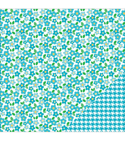 Multi-Colored (Side A - daisy pattern in aqua blues with green leaves on white background, Side B - white and aqua blue houndstooth