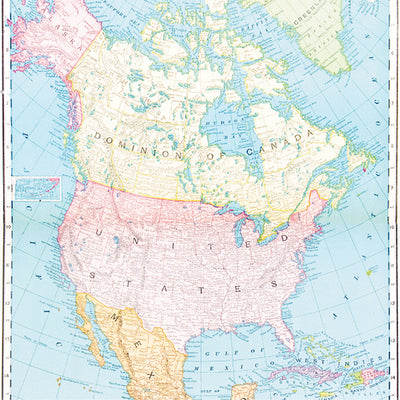 12x12 patterned paper with colorized, printed map of North America by Crate Paper