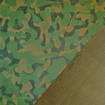 Multi-Colored (Side A - distressed camouflage in multiple shades of green, Side B - distressed brown woodgrain) Printed on two sides. Smooth surface. Acid & lignin free