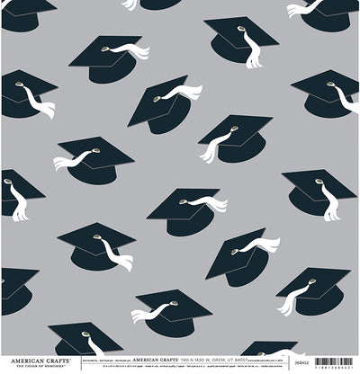 Multi-Colored (Side A - black graduation caps with white tassels on light gray background, Side B - white slanted lines on black background) Double-sided paper printed on both sides. Smooth surface. Acid & lignin free