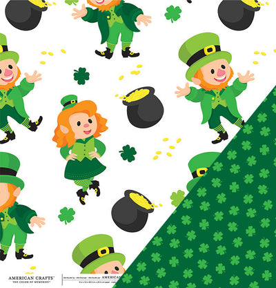 Multi-Colored (Side A - leprechauns, shamrocks, and pots of gold, on white background, Side B - matching green shamrocks on dark green background)