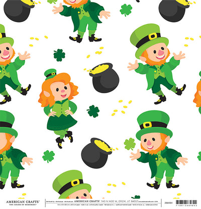 Multi-Colored Side A - leprechauns, shamrocks, and pots of gold, on white background.