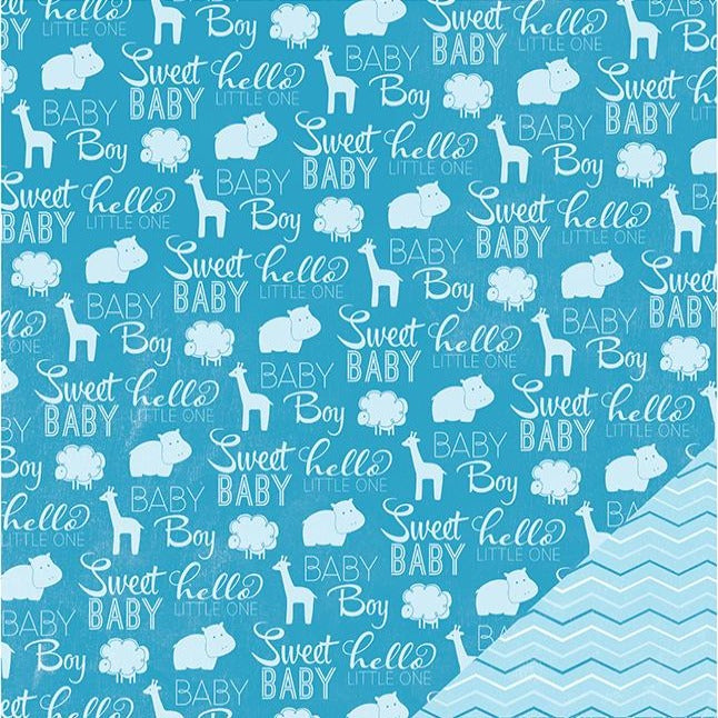 Sweet Baby Boy - 12x12 double-sided patterned paper with baby phrases and fun animals on blue background - American Crafts
