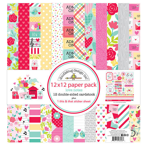 Pack of twelve 12" x 12" double-sided papers and one sticker sheet from the Love Notes collection. Versatile for card making and crafts. Doodlebug Design