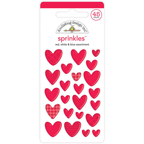 Included in the package are 23 self-adhesive stickers in the shapes of patterned red hearts.