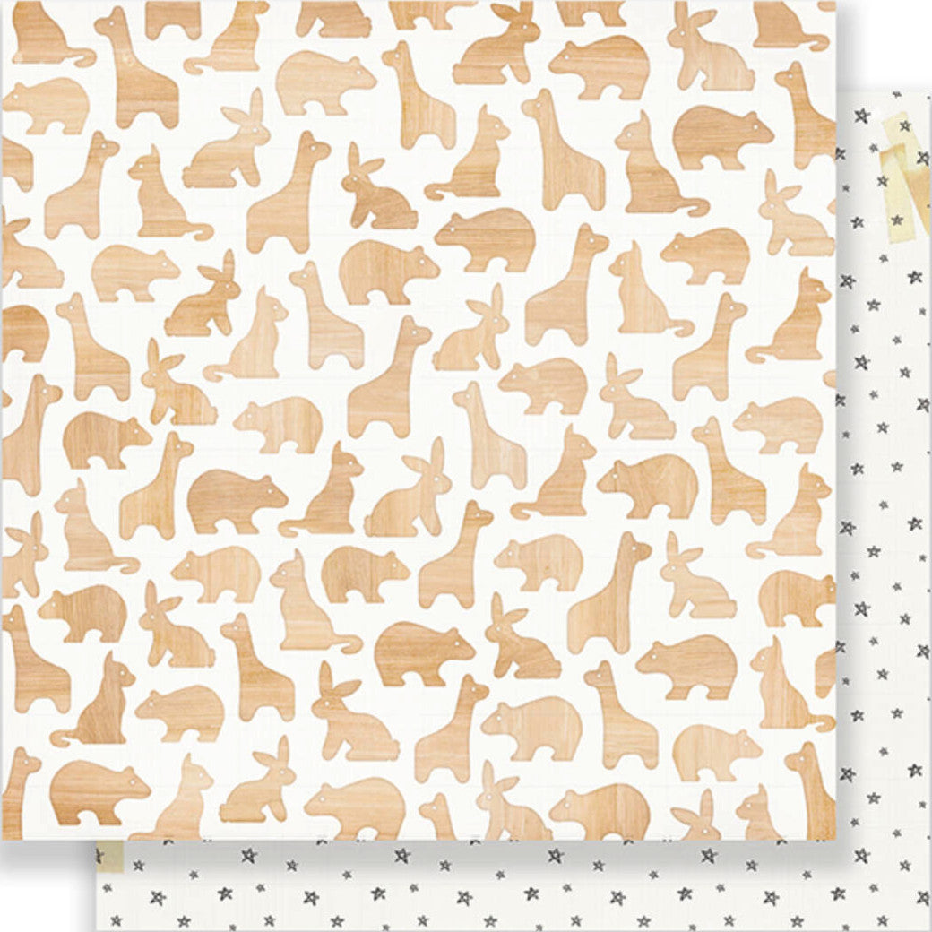 Little You - 12x12 double-sided patterned paper featuring wooden animal silhouettes and black stars on reverse - Crate Paper