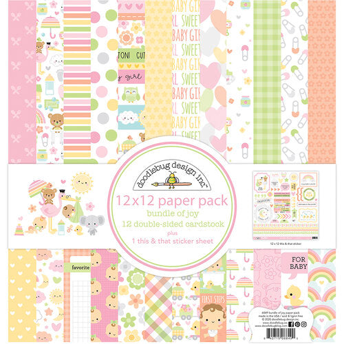 Pack of twelve 12" x 12" double-sided papers and one sticker sheet from the Bundle of Joy collection. Versatile for card making and crafts. Doodlebug Design
