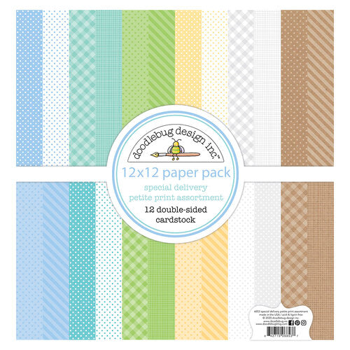 This is a pack of twelve 12" x 12" double-sided papers, Special Delivery petite-prints assortment, versatile for card making and crafts—12x12 inch.