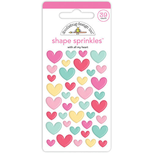WITH ALL MY HEART Shape Sprinkles - Self-Adhesive Enamel Shapes from Doodlebug Design - 48 self-adhesive enamel heart shapes. Shapes are self-adhesive and come in eight different colors from Doodlebug Design.