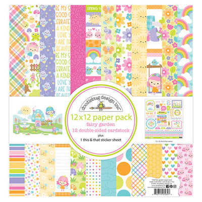 Pack of twelve 12" x 12" double-sided papers and one sticker sheet from the Fairy Garden collection. Versatile for card making and crafts. Doodlebug Design