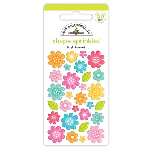 This package includes 29 self-adhesive enamel stickers. There are brightly colored flowers in 3 sizes and 4 leaves to go with them.