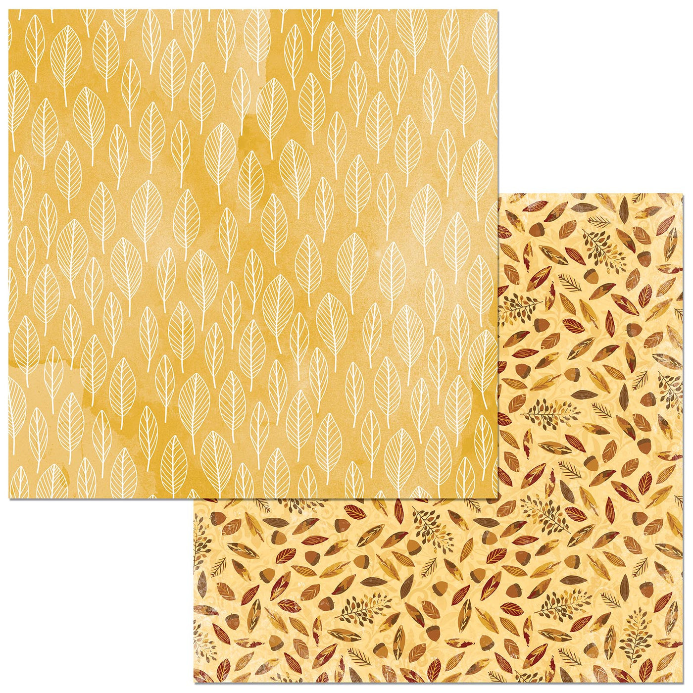 Brisk Leaves - Multi-Colored (Side A - vertical rows of leaf doodles on mustard yellow watercolor wash background , Side B - ochre brown leaves and acorns scattered over a mustard yellow damask)
