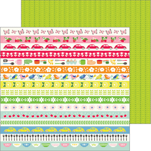 12x12 double-sided patterned paper with 16 banners with retro images on one side and green print design on reverse - designed by Jen Hadfield