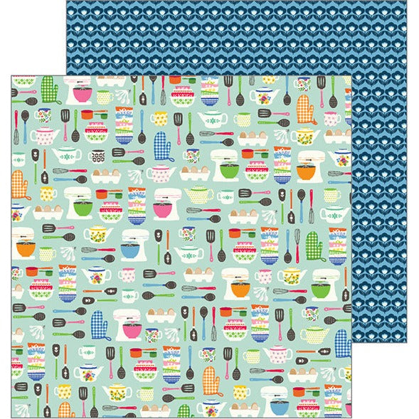 Multi-Colored (Side A - bright, colorful images of kitchen items on a mint green background, Side B - white, and dark blue geometric floral pattern on a dusty blue background)