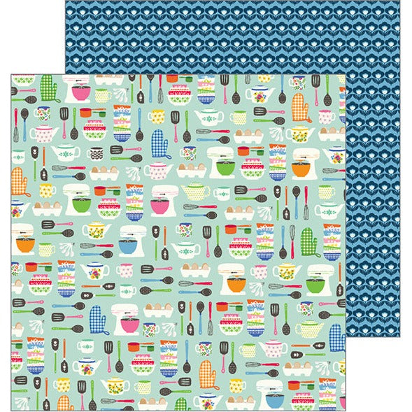 Multi-Colored (Side A - bright, colorful images of kitchen items on a mint green background, Side B - white, and dark blue geometric floral pattern on a dusty blue background)