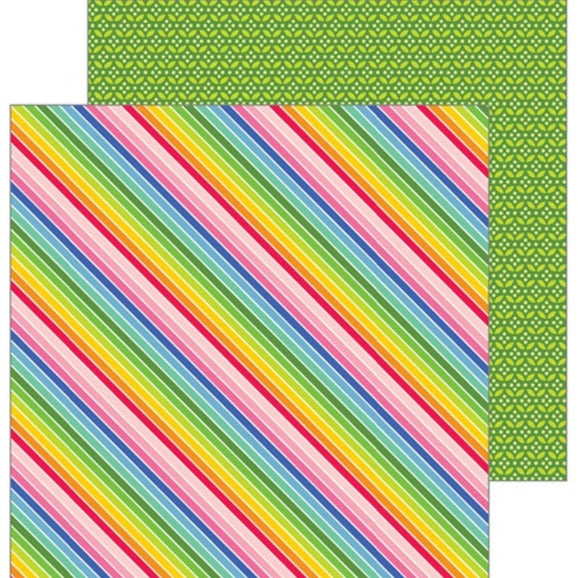 Multi-Colored (Side A - bright slanted rainbow stripes with retro feel, Side B - rows of lime green floral-type pattern on dark green background)