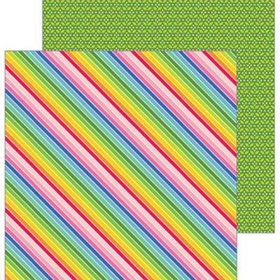 Multi-Colored (Side A - bright slanted rainbow stripes with retro feel, Side B - rows of lime green floral-type pattern on dark green background)