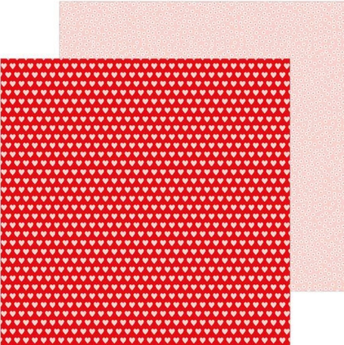 Multi-Colored (Side A -  rows of pastel pink hearts on red background, Side B - tiny white flowers with red centers on light pink background) Double-sided sheet, printed on two sides
