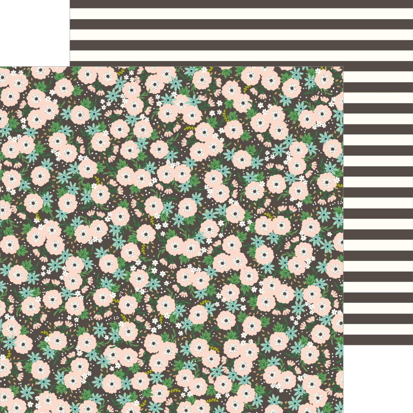 12x12 double-sided patterned cardstock with floral pattern on front and stripes on reverse - Bloom by Jen Hadfield