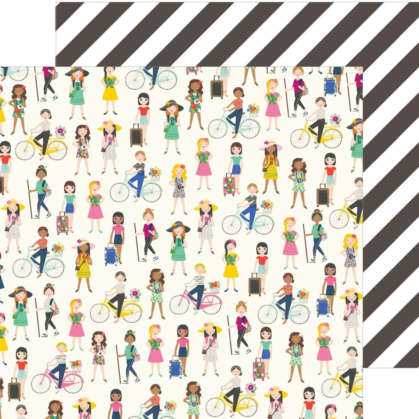 Multi-Colored (Side A - includes images such as flowers, cityscapes, girls hiking or riding bikes, and more on a cream background, Side B - wide black and white diagonal stripes)