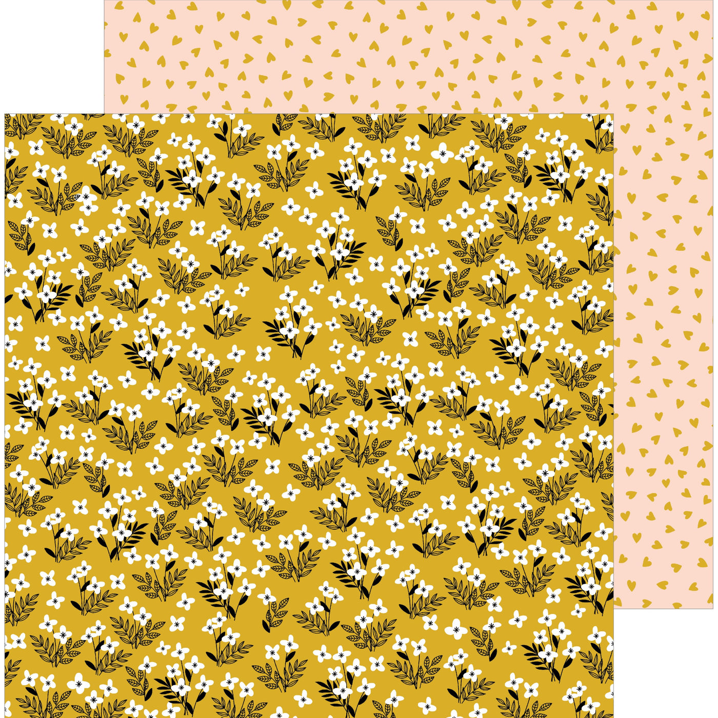 Multi-Colored (Side A - small white flowers with blue centers on black hand-drawn stems with leaves all on a mustard yellow background, Side B - tiny scattered mustard yellow hearts on a blush pink background)