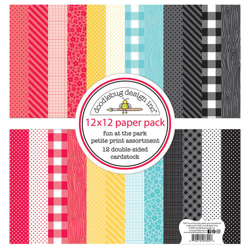 This is a pack of twelve 12" x 12" double-sided papers, Fun At The Park petite-prints assortment, versatile for card making and crafts—Doodlebug Designs