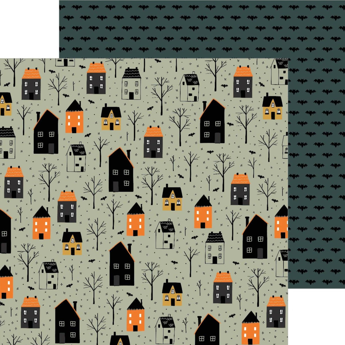 Multi-colored (Side A - Halloween houses in orange, black, and yellow with spooky trees and bats on a gray background, Side B - rows of small black bats on a dark teal background)