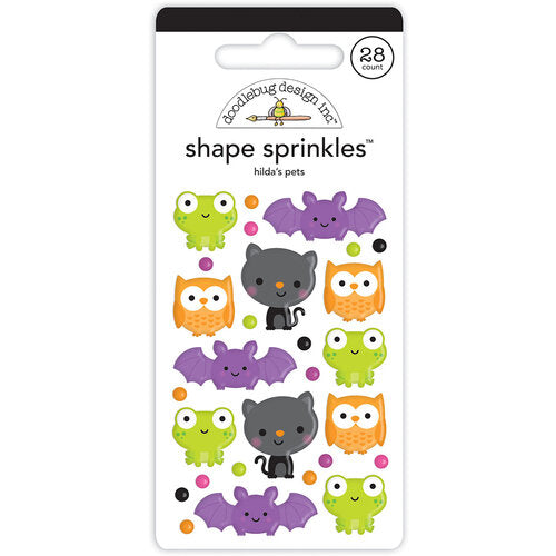 Twenty-eight colorful, self-adhesive cats, owls, frogs, and bats. A fun embellishment for craft projects, bright Halloween colors by Doodlebug Design.