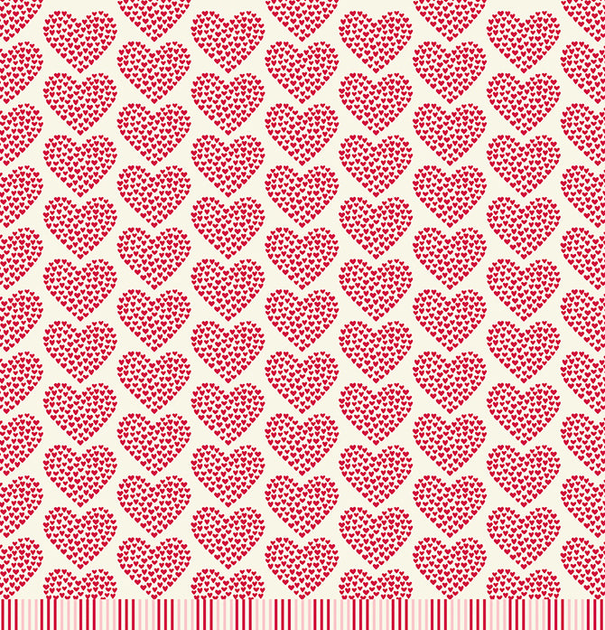  Tiny red hearts making up the shape of larger hearts on ivory background reverse.