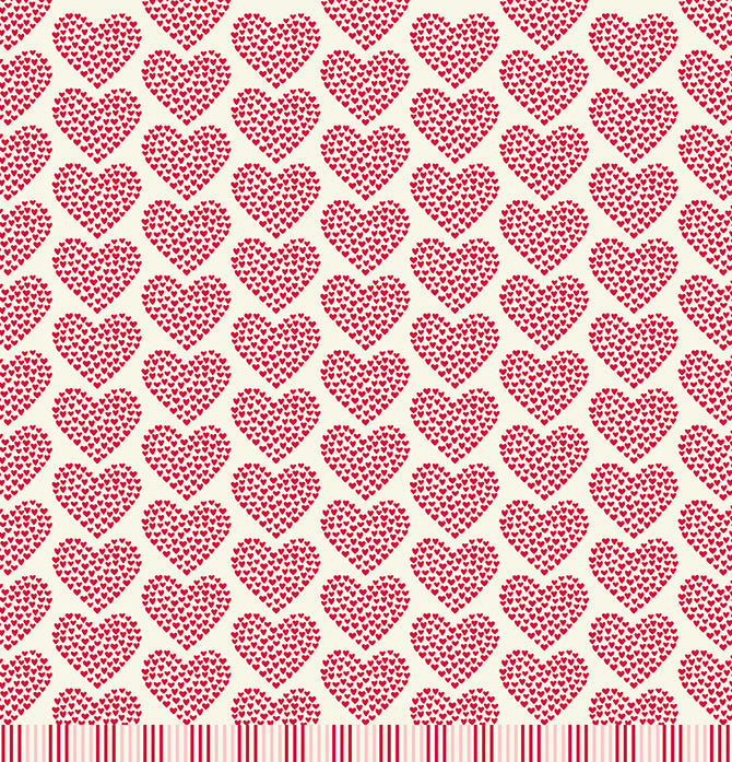  Tiny red hearts making up the shape of larger hearts on ivory background reverse.