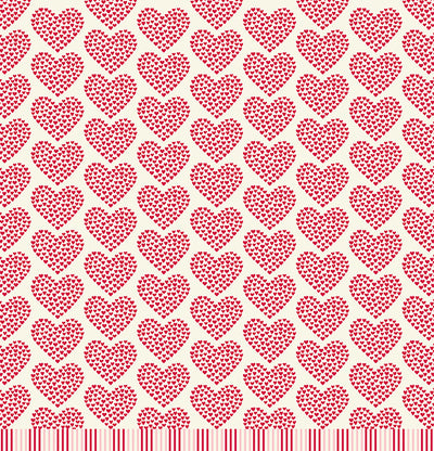  Tiny red hearts making up the shape of larger hearts on ivory background reverse.