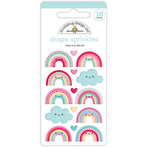Colorful self-adhesive rainbows and clouds with hearts in bright pastels.