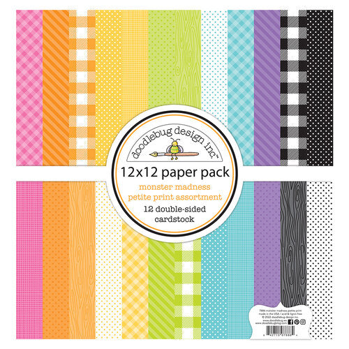 This is a pack of twelve 12" x 12" double-sided papers, Monster Madness, petite-prints assortment, versatile for card making and crafts by Doodlebug Design.