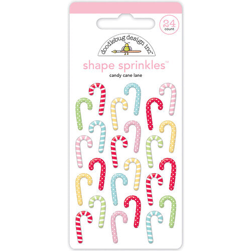 24-count self-adhesive enamel shapes of pastel candy canes, a fun embellishment for craft projects by Doodlebug Design.