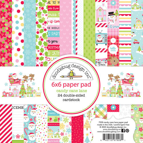 6x6 pad with 24 double-sided pastel prints and matching Christmas patterns reverse; Candy Cane Lane Petite Prints Collection by Doodlebug Design.