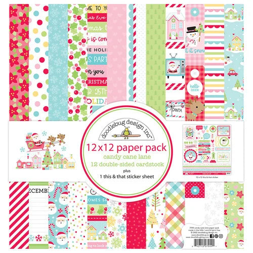 This 12" x 12" double-sided paper pack is part of the Candy Cane Lane Collection from Doodlebug Design. Kit includes one 12" x 12" sticker sheet with icons and phrases, speech bubbles, hearts, stars, quotation marks, five border pieces, tabs, arrows, and more. 