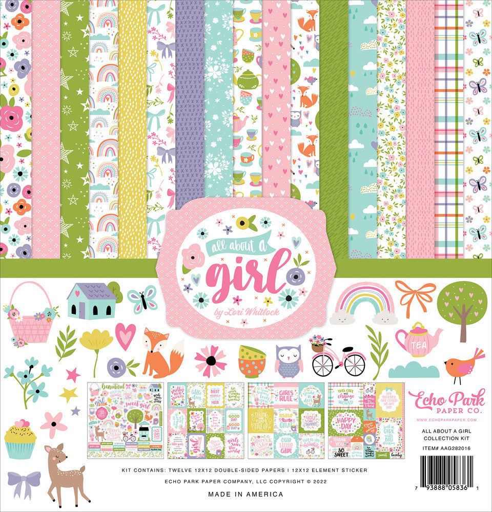 Twelve 12x12 double-sided designer sheets with creative patterns featuring florals, butterflies, rainbows, teacups, and all the love for a little girl. Archival quality and acid-free.