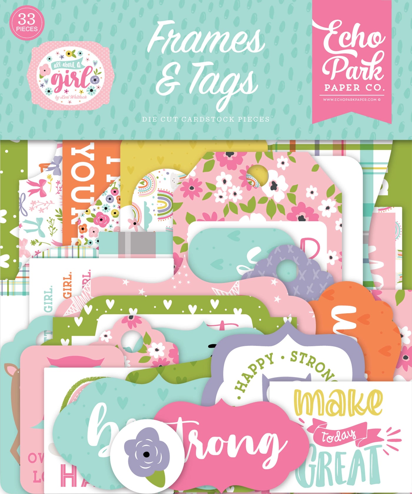All About a Girl Frames & Tags Die Cut Cardstock. Pack includes 33 different die-cut shapes ready to embellish any project.